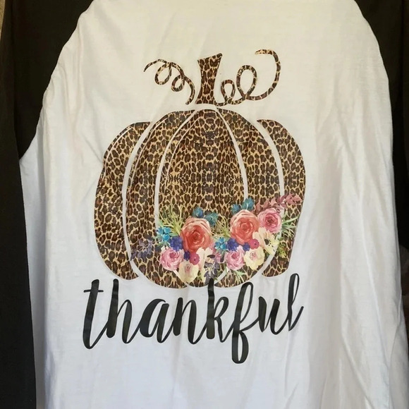 Sport Tek Black and White Raglan Pumpkin Thanksgiving Thankful Shirt - Picture 2 of 4